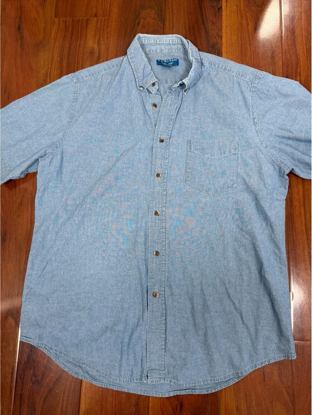 Men's Puritan SZ L Denim Shirt Blue Short Sleeve Button Front Casual Pocket